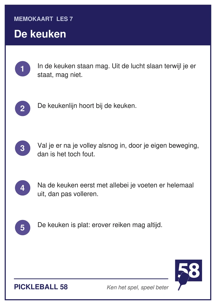 Memokaart van les 7 met de vijf punten over de keuken